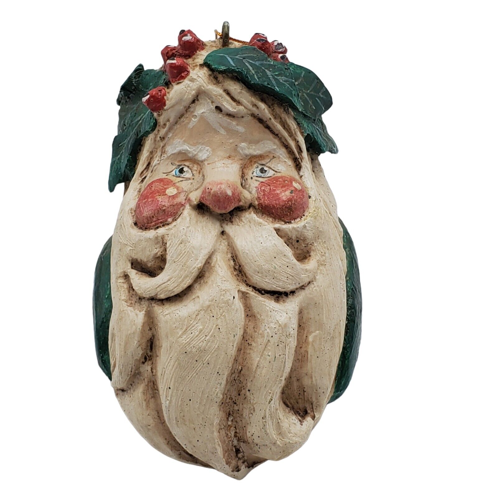 VTG 1988 House Of Hatten Santa Ornament Green Holly Christmas Sitter Rosy Cheeks