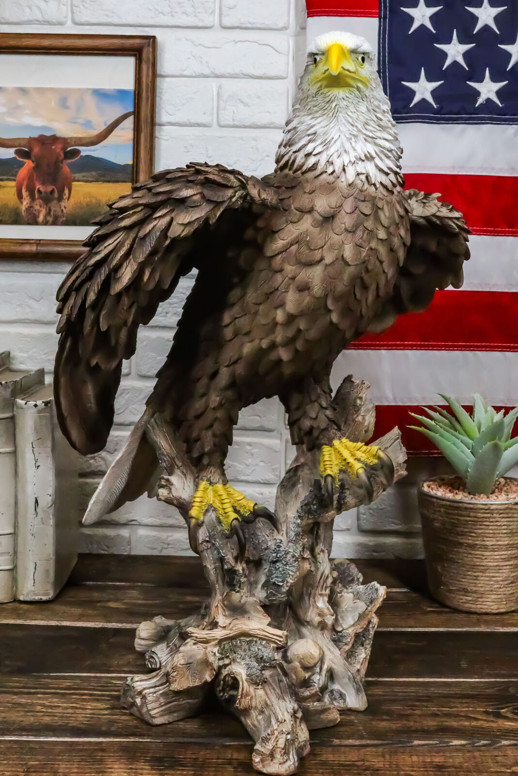 Realistic American Pride Patriotic Bald Eagle Perching On Wood Stock Statue 17\