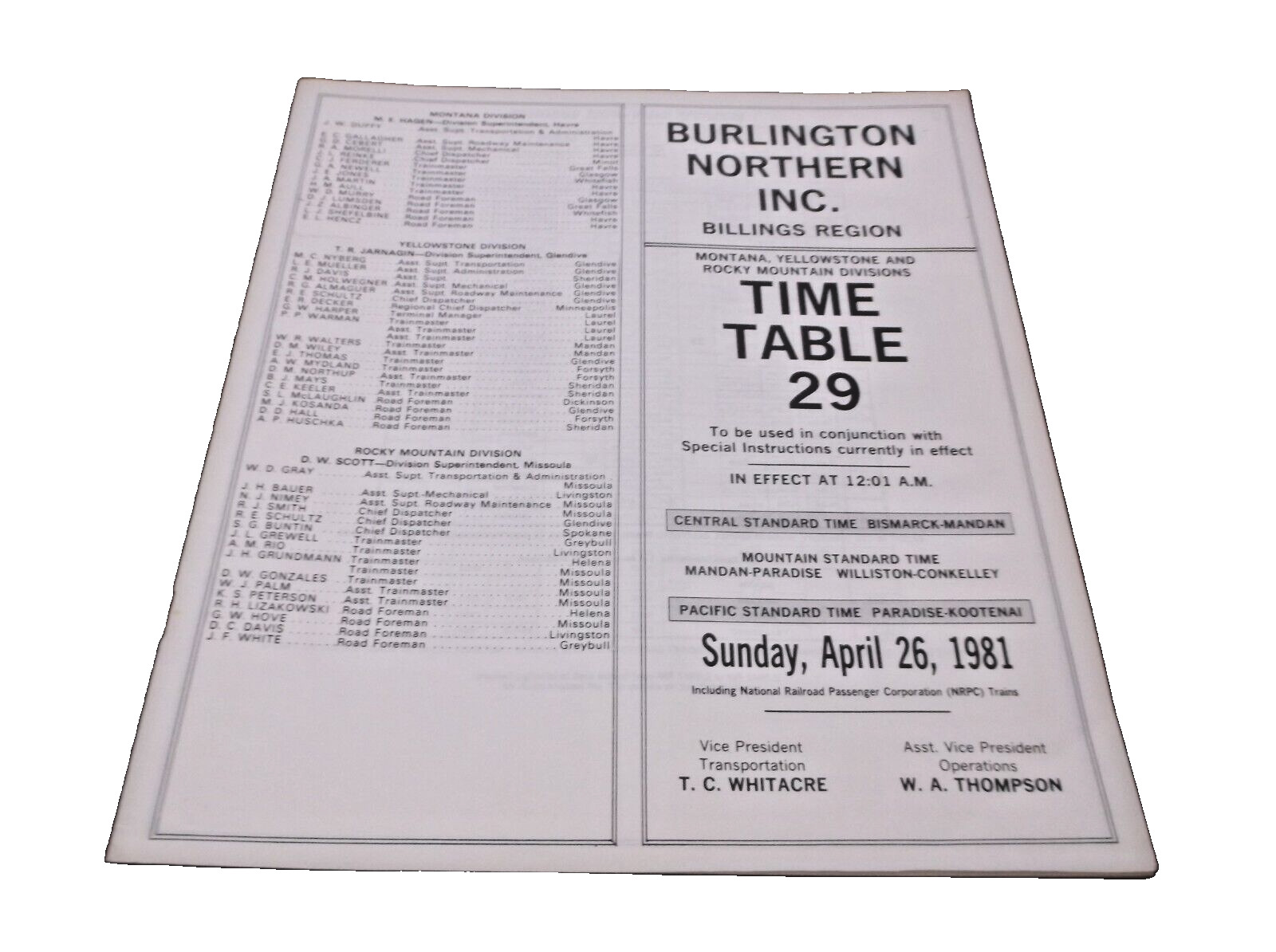 APRIL 1981 BURLINGTON NORTHERN BILLINGS REGION EMPLOYEE TIMETABLE #29