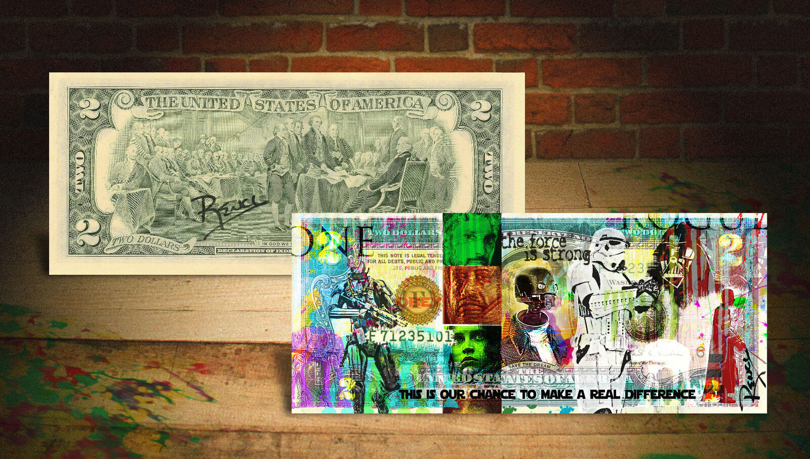 ROGUE ONE - A STAR WARS STORY Genuine U.S. $2 Bill HAND-SIGNED by Rency - Banksy