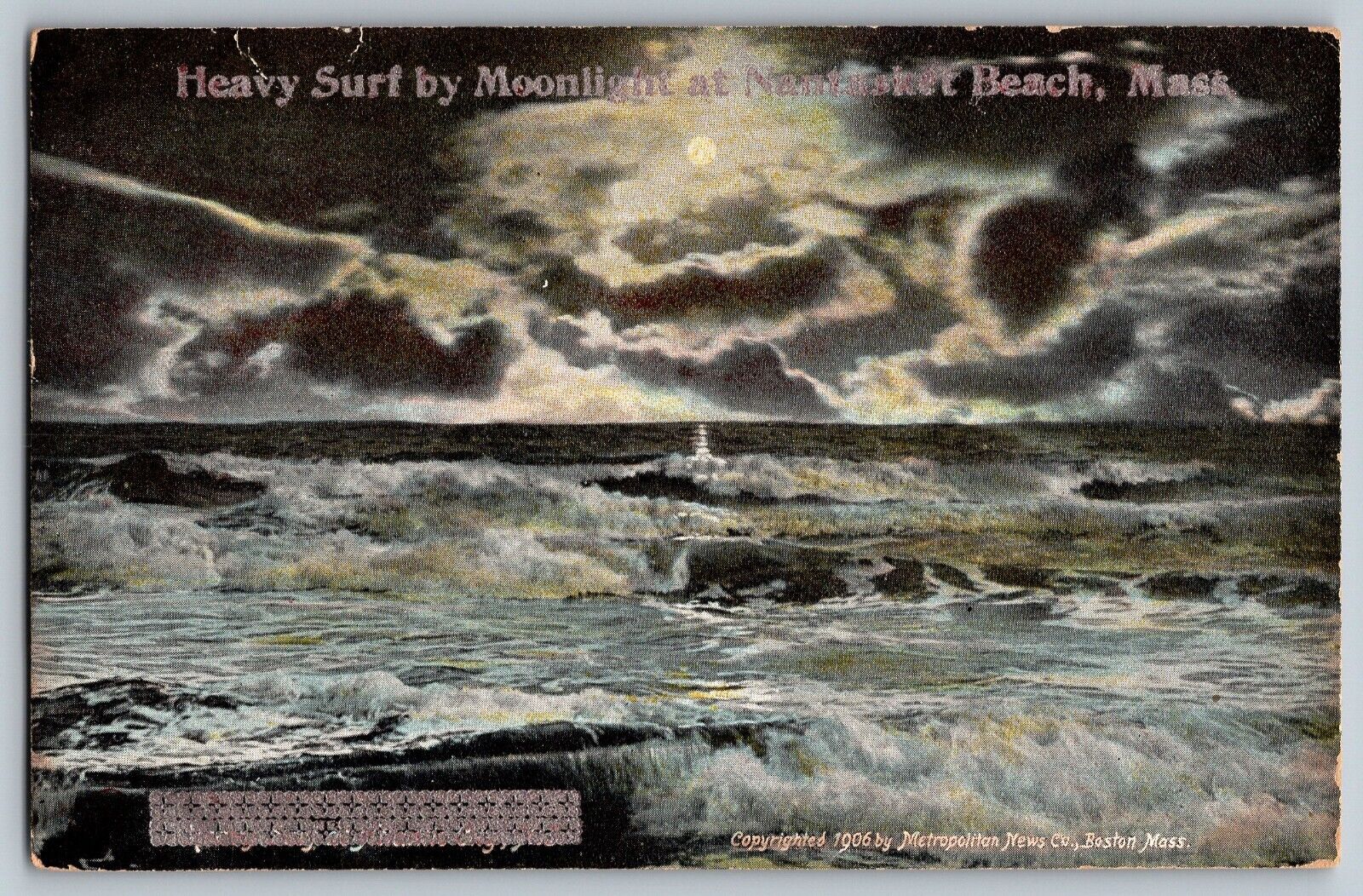 Massachusetts MA - Heavy Surf - Moonlight at Nantucket Beach - Vintage Postcard