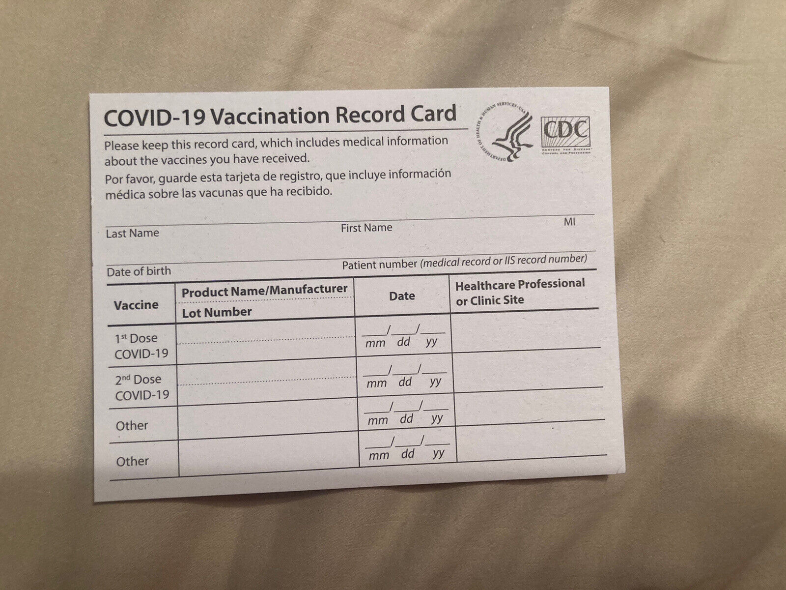 CDC COVID-19 Vaccination Blank Card Collector Use Only