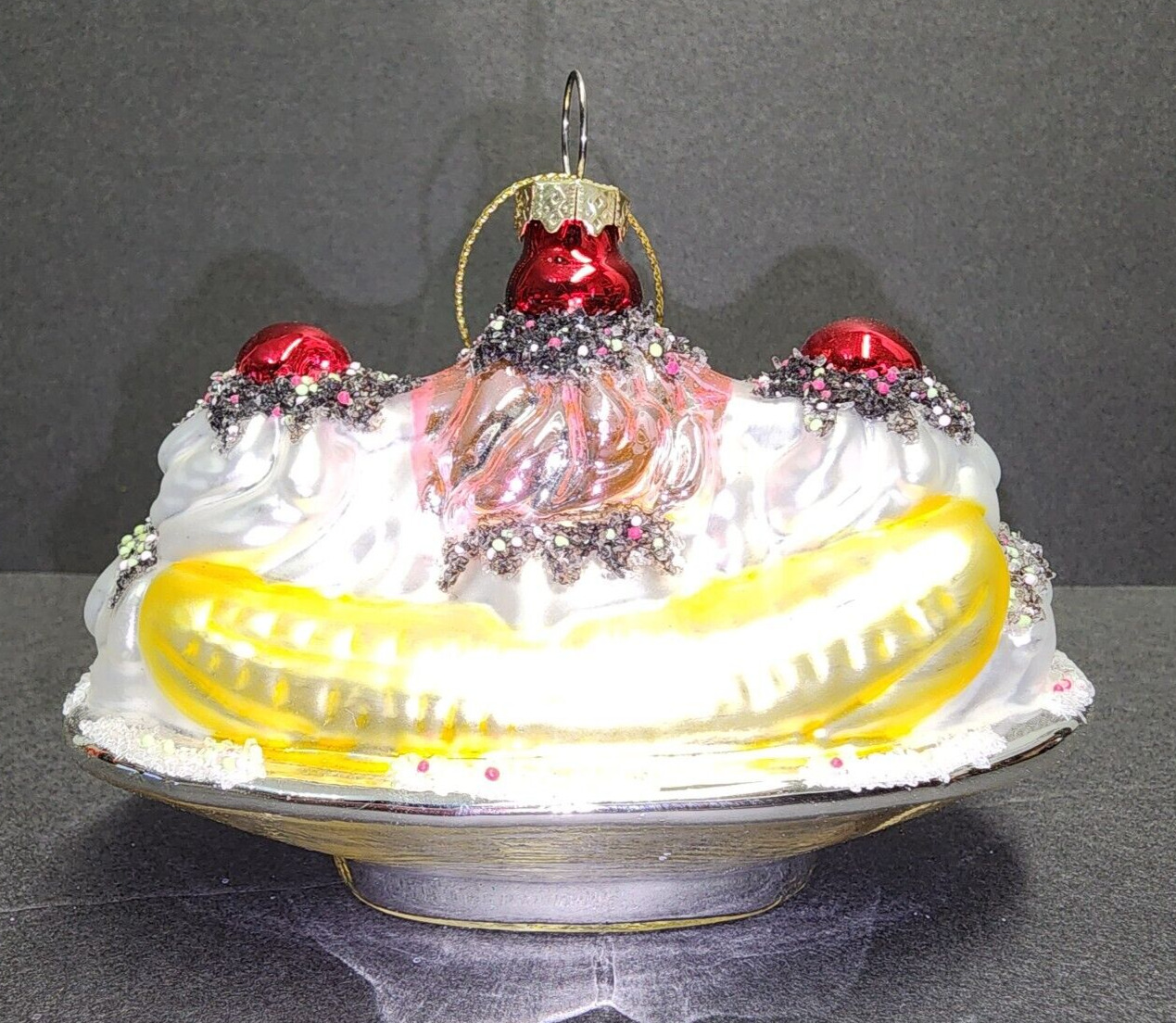 Holiday Time Christmas Ornament Glass Banana Split Ice Cream Sundae Cherries