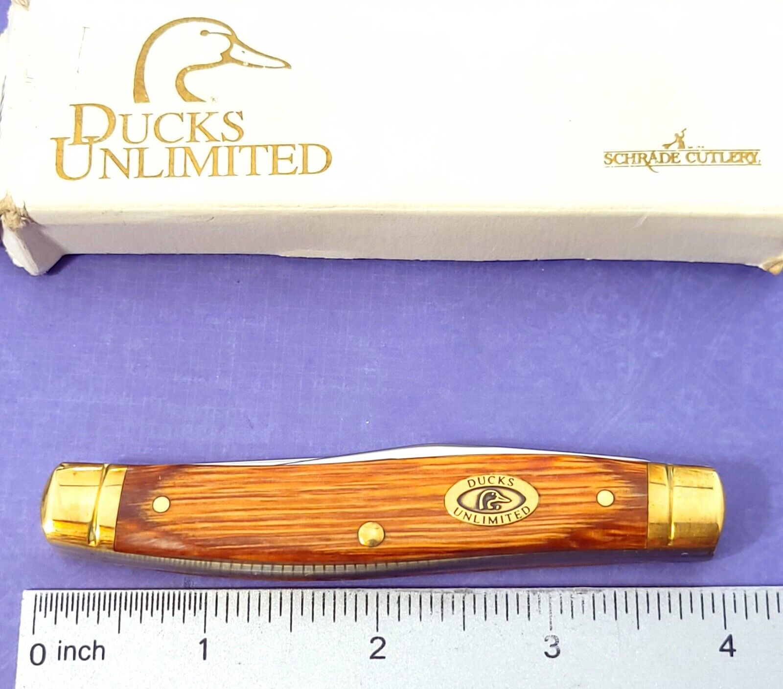 Schrade Knife Made In USA Ducks Unlimited Bird Hook Muskrat Wood Handles