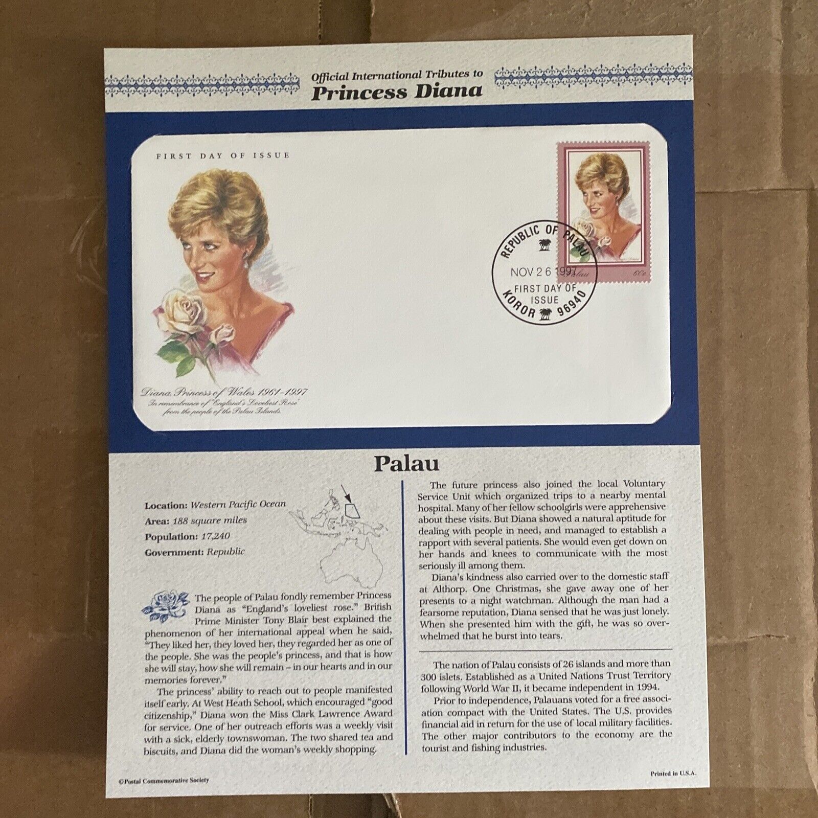 Official International Tributes to Princess Diana First Day Issue PALAU