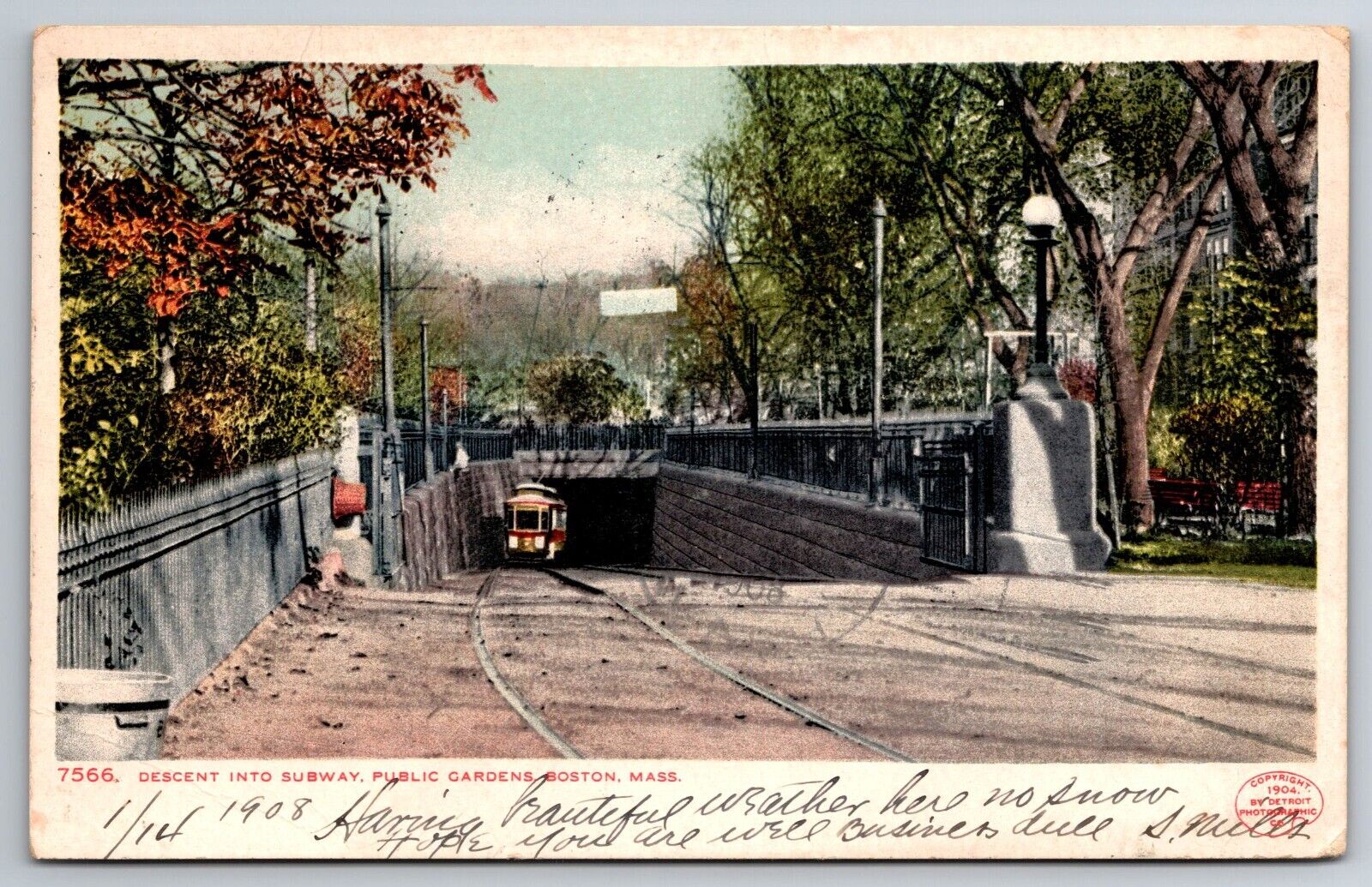 Vintage Postcard MA Boston Decent into Subway Public Gardens Trolley c1908 -5920