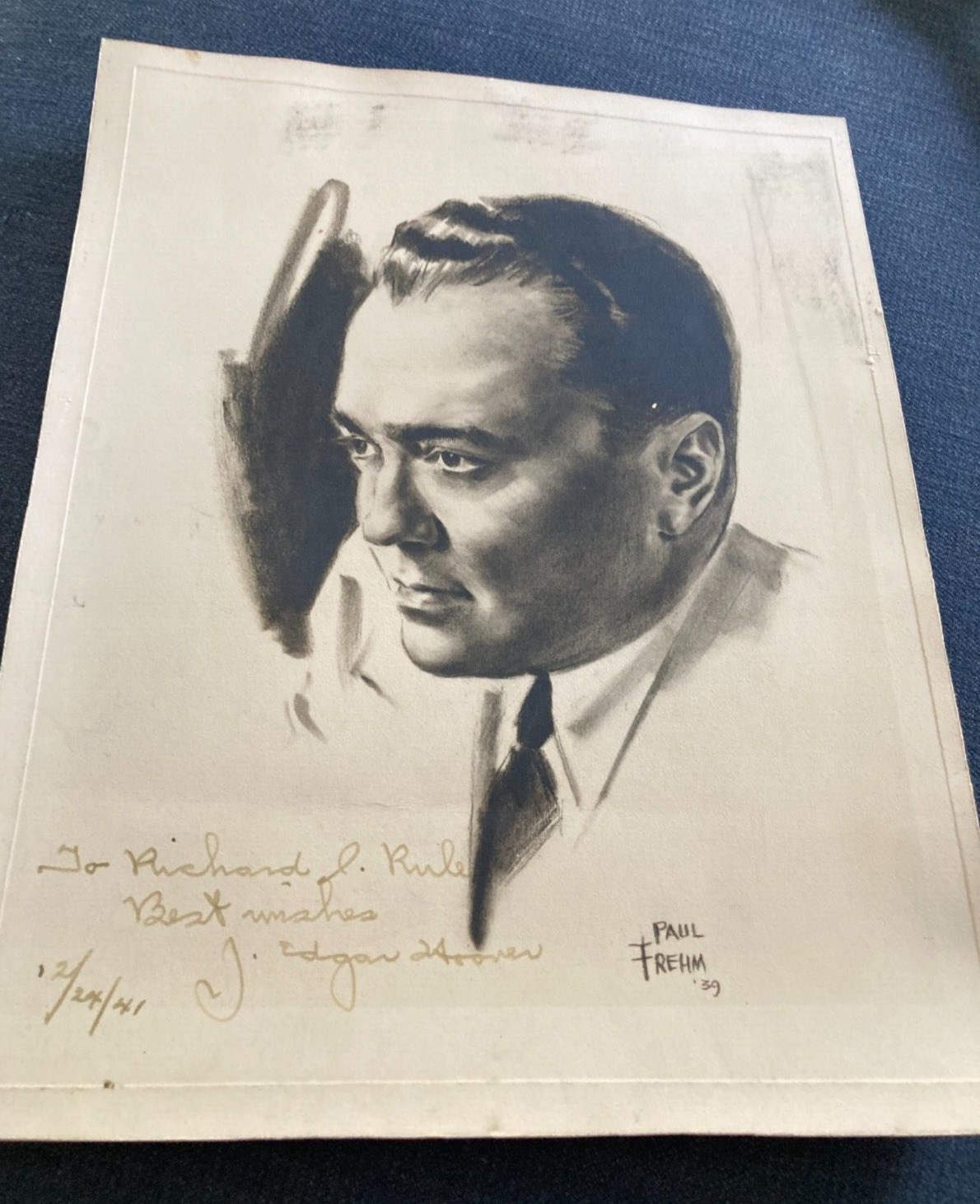J Edgar Hoover inscribed illustrated signed 12/24/1941