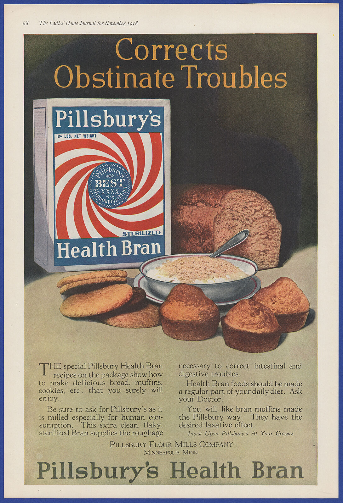 Vintage 1918 PILLSBURY\'S Health Bran Food Kitchen Art Décor Ephemera Print Ad