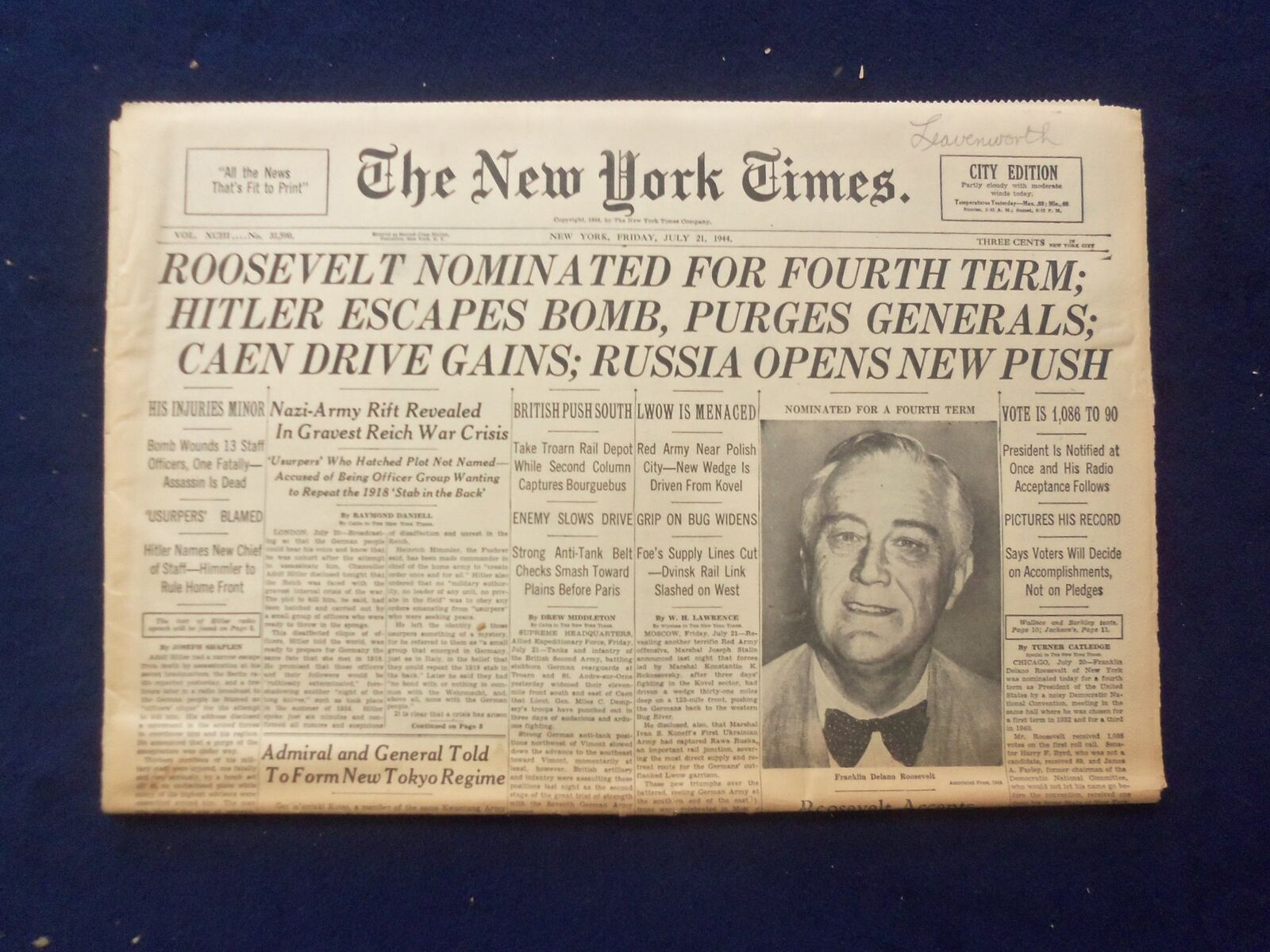 1944 JULY 21 NEW YORK TIMES - ROOSEVELT NOMINATED FOR FOURTH TERM - NP 6473
