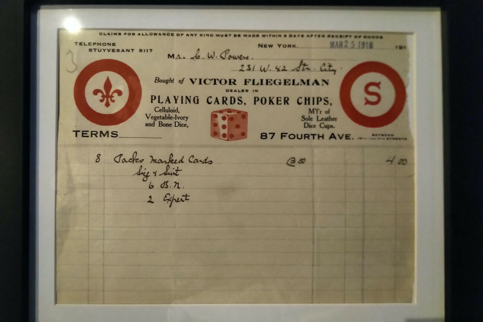 Victor Fliegelman, Playing Cards Original Invoice from 1916