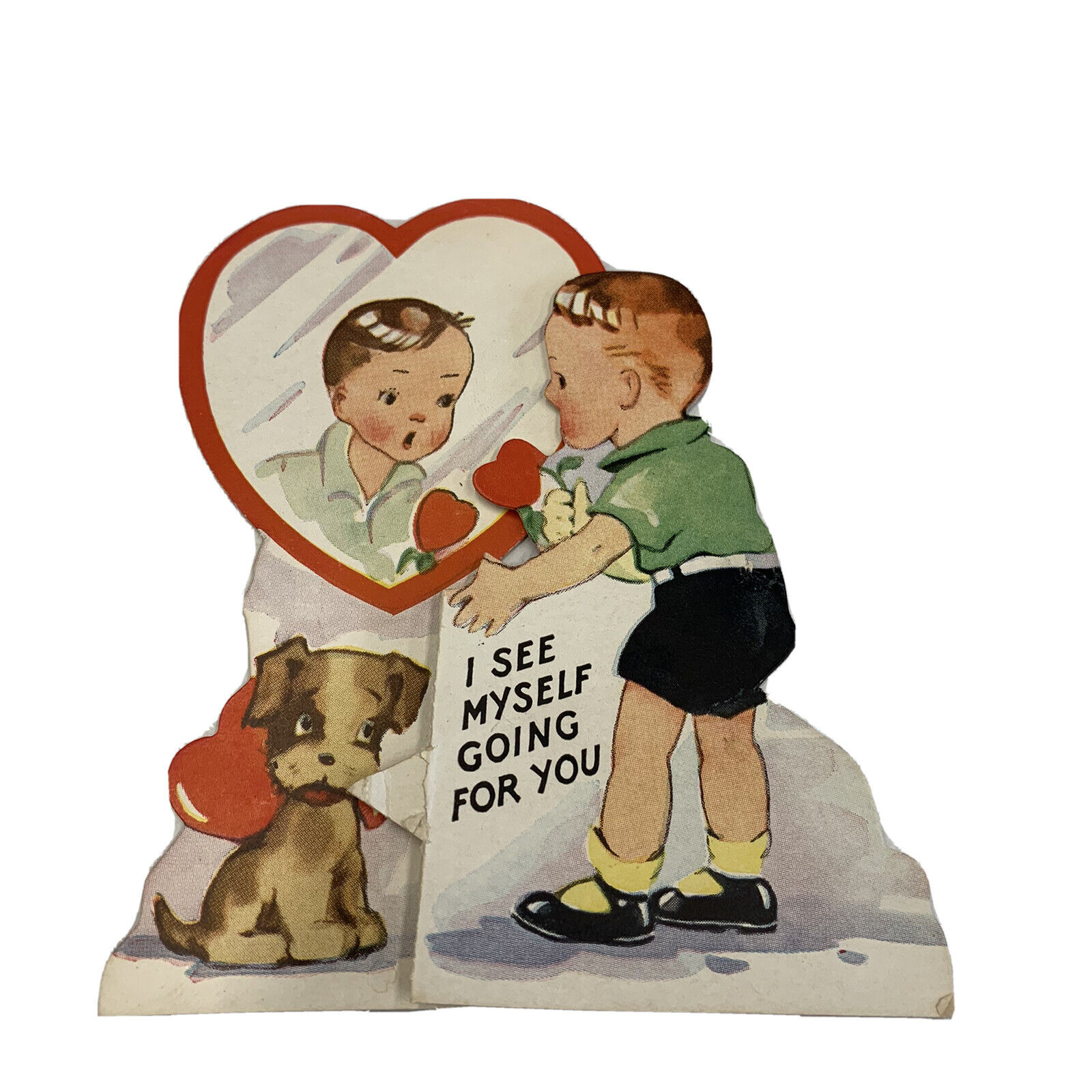 Vintage Valentine’s Day Card 1930-40’s Little Boy Mirror Puppy Dog Folding