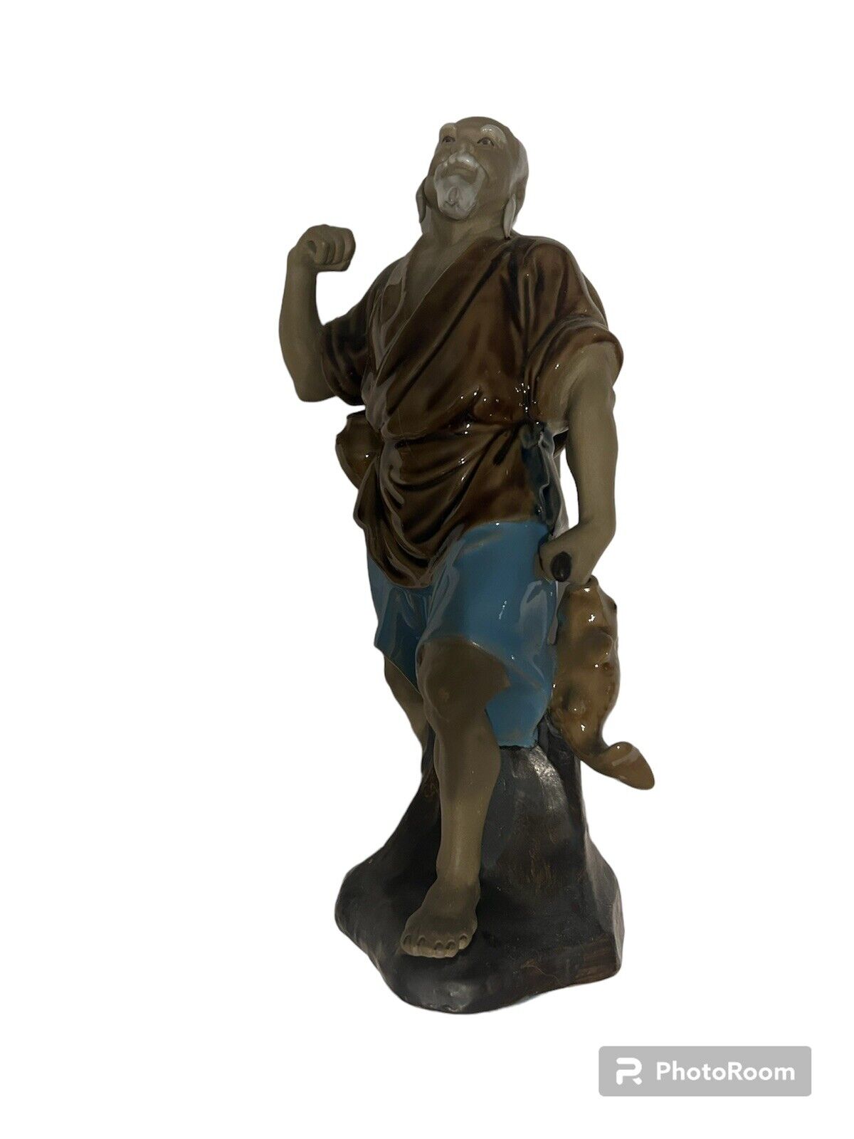 Vintage Hand Painted Shiwan Mudman Figurine Chinese Figure/Fisherman 10” Rare