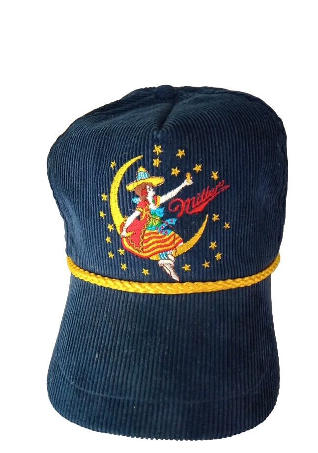 Vtg Miller Girl in the Moon Hat Corduroy Rope Navy Blue Mens Snapback Beer USA