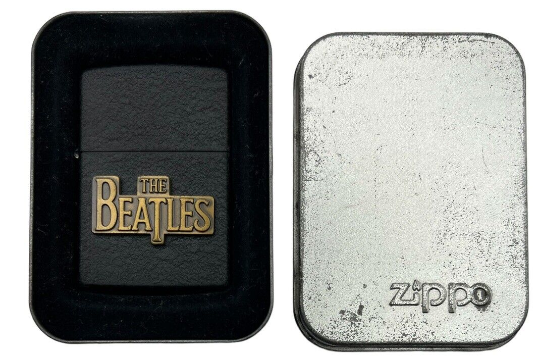 Vintage Beatles Zippo Lighter Black With Gold Lettering 1996 With Metal Box