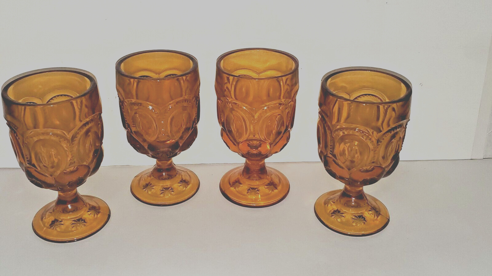 4 Vintage Amber Depression Glass Footed Water Goblets Oval Floral Flower