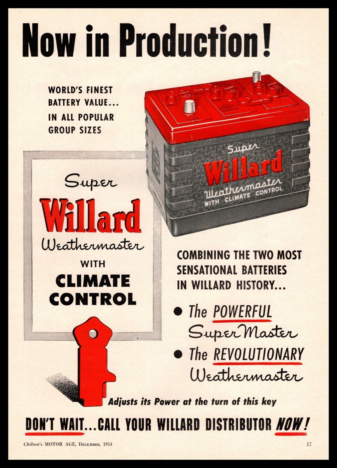 1954 Super Willard Weathermaster Climate Control Car Battery Vintage Print Ad