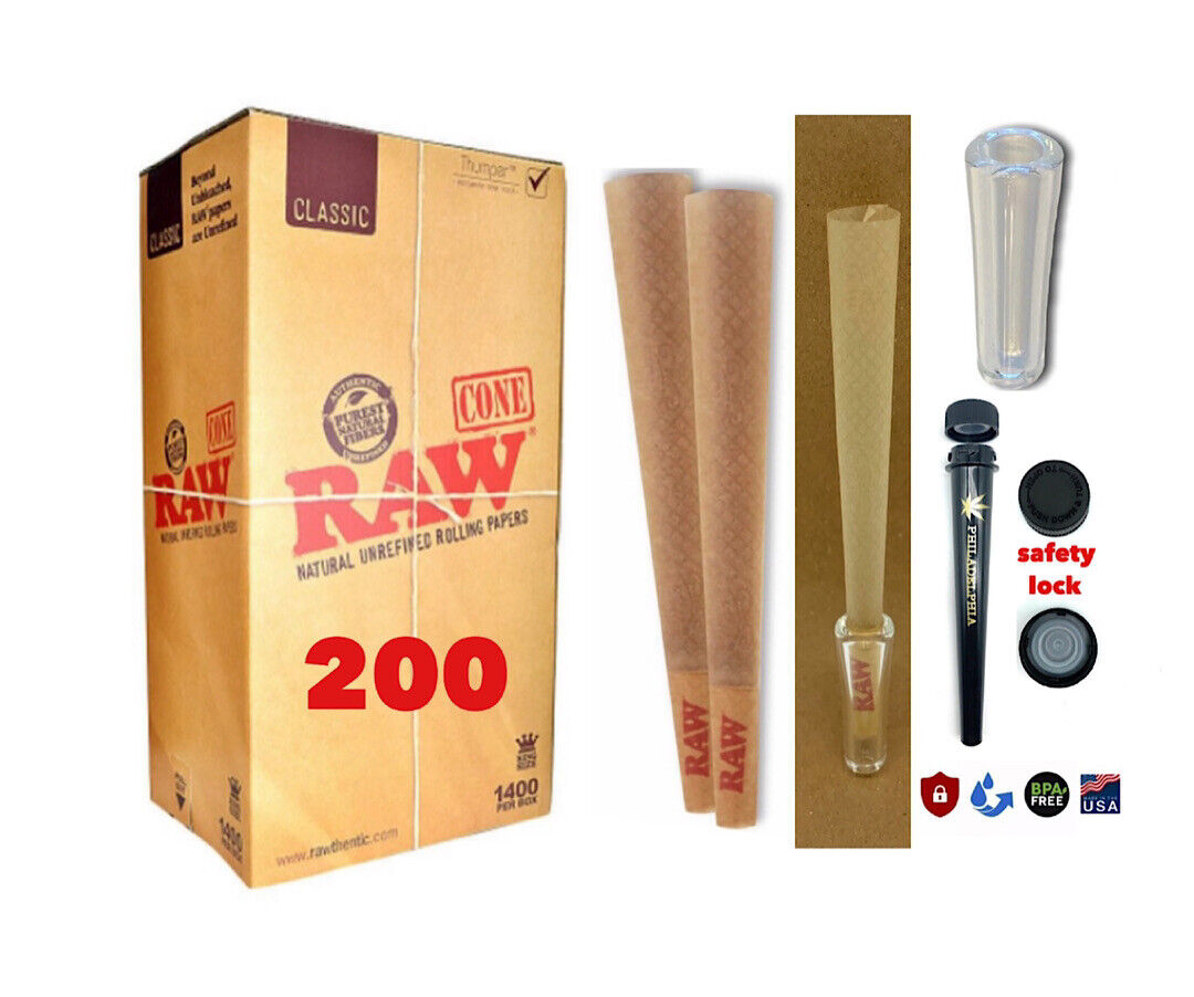 RAW Classic King Size Cone AUTHENTIC(200 pack)+phily tube+glass cone tip
