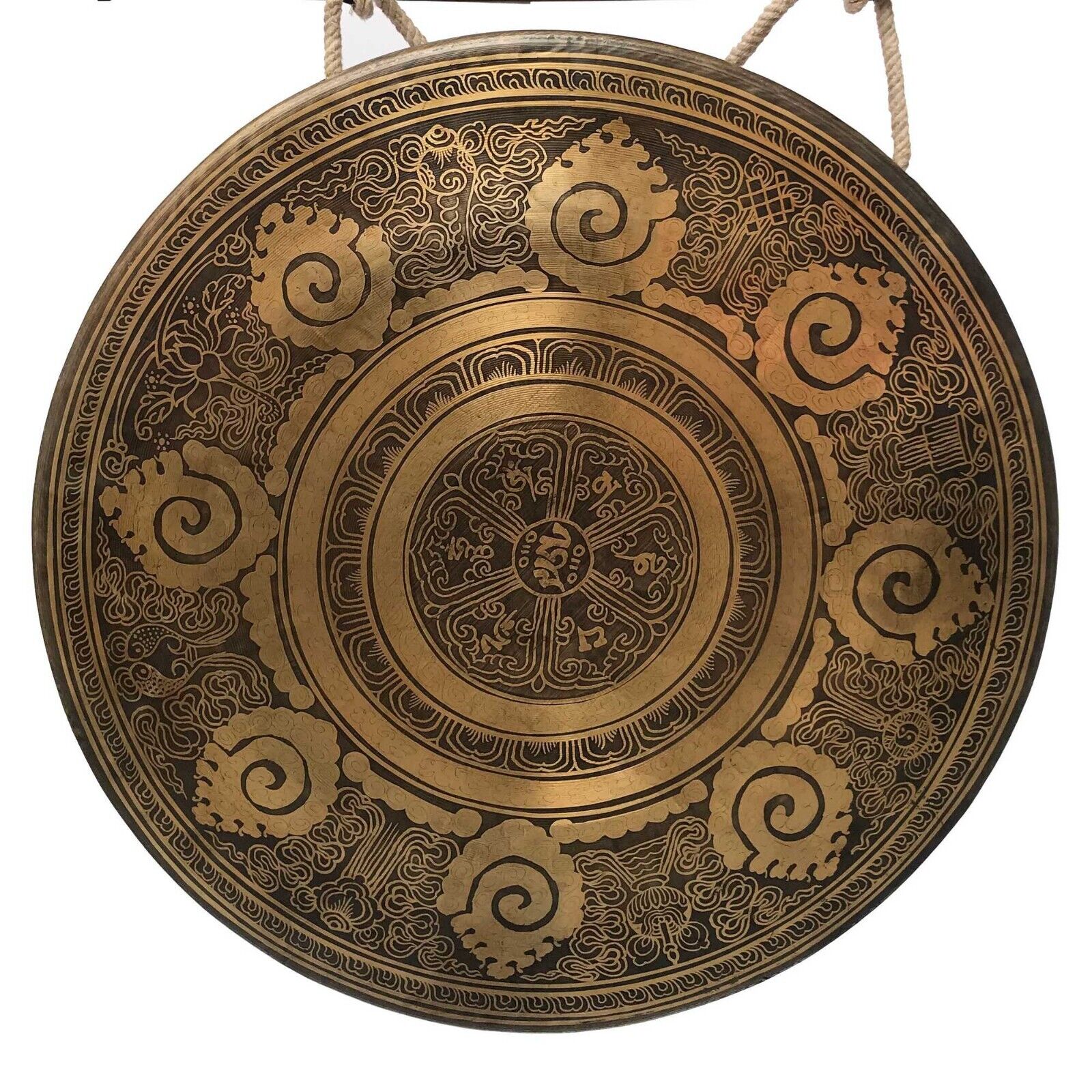 7 Metal Bronze Nepali Gong , Hand Beaten, Bent Edge with Astamangal and Om Mane