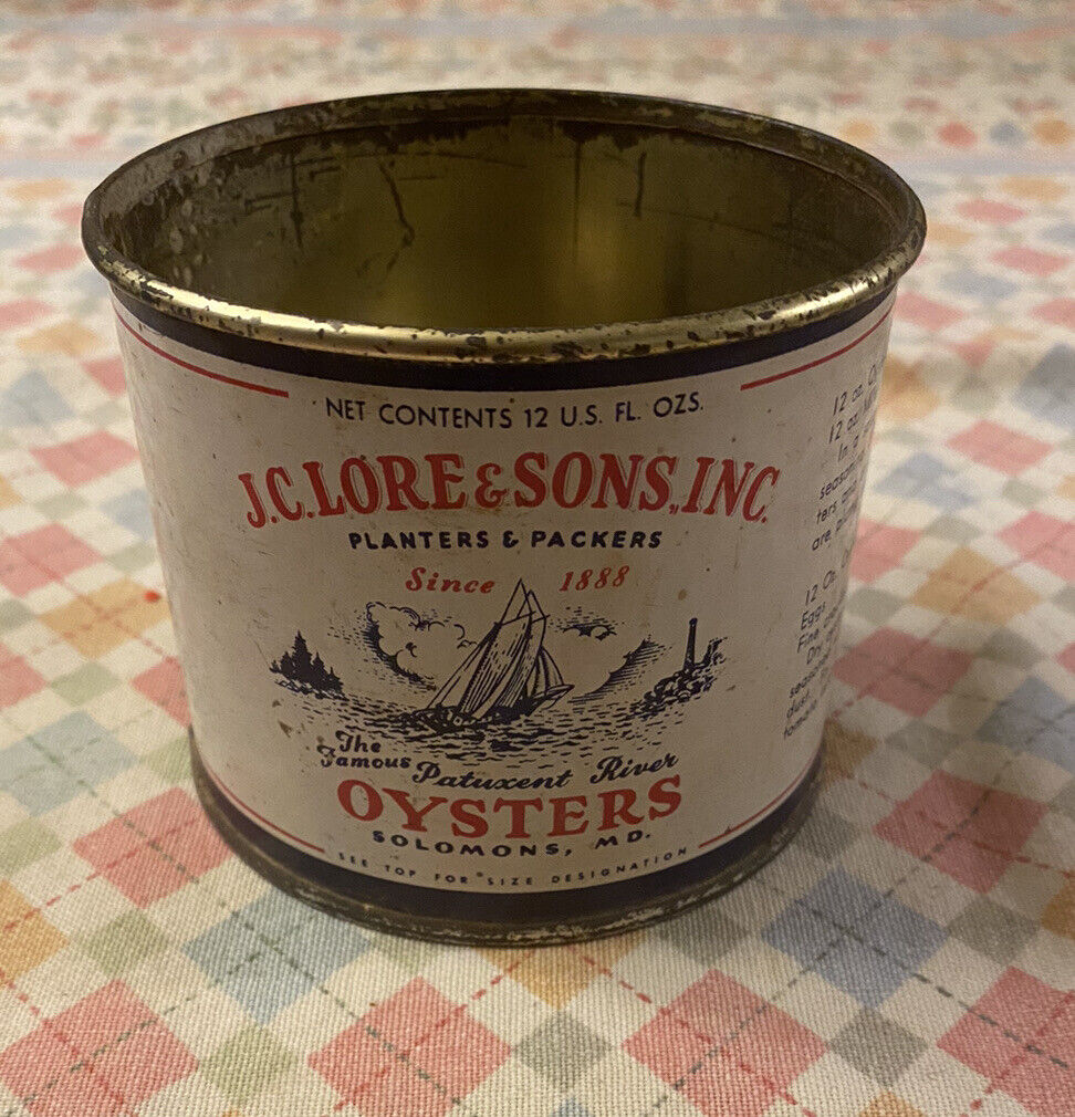 Rare Vintage J.C. Lore & Sons Inc. Oysters Tin Can Solomons MD Patuxent River