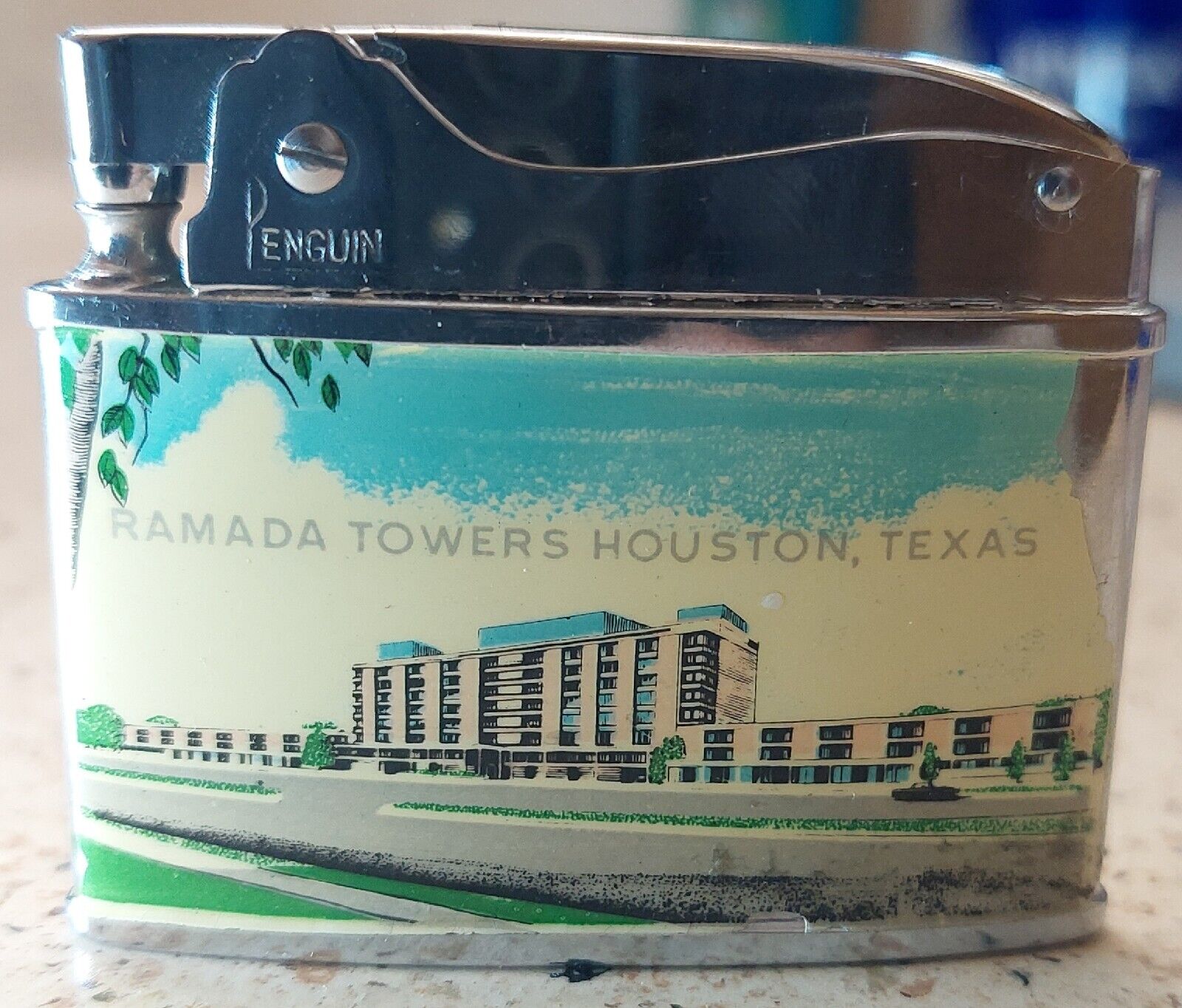 Vintage Penguin Ramada Towers Houston Texas Flip Top Lighter Collectable VTG 