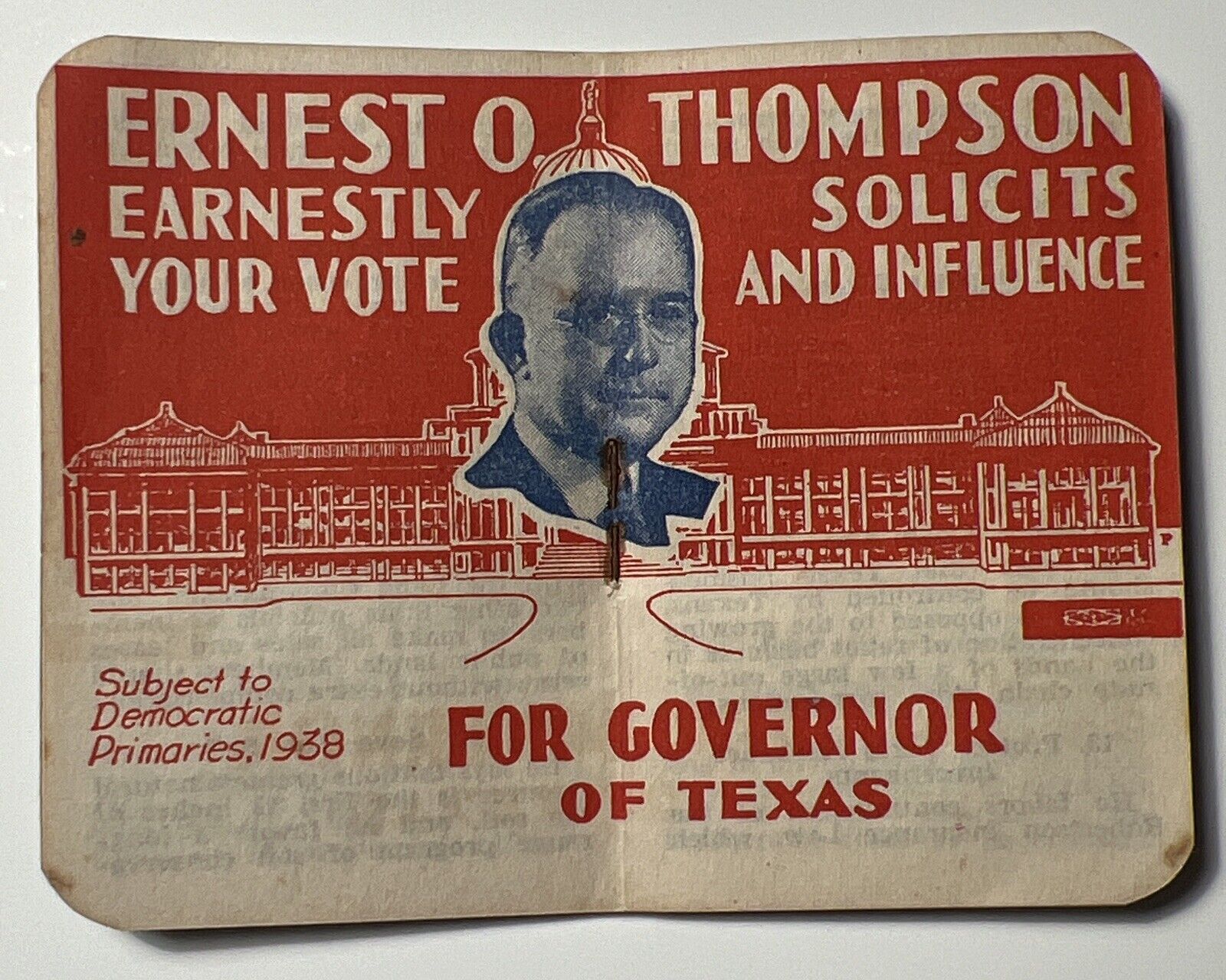 1938 Vintage ERNEST O THOMPSON Governor of TEXAS Political Campaign BOOKLET