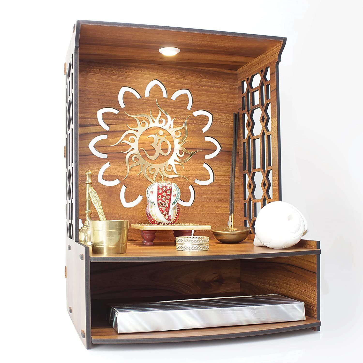 Handmade Wooden Pooja Stand with LED Spot Light for Office Temple Home Office