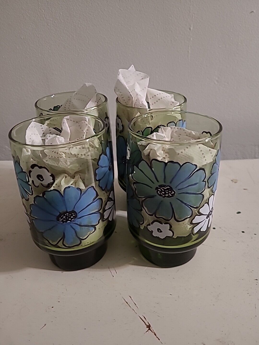 Mid century Libby Green Camillia Drinking Glasses Tumbler White Daisies Set (4)