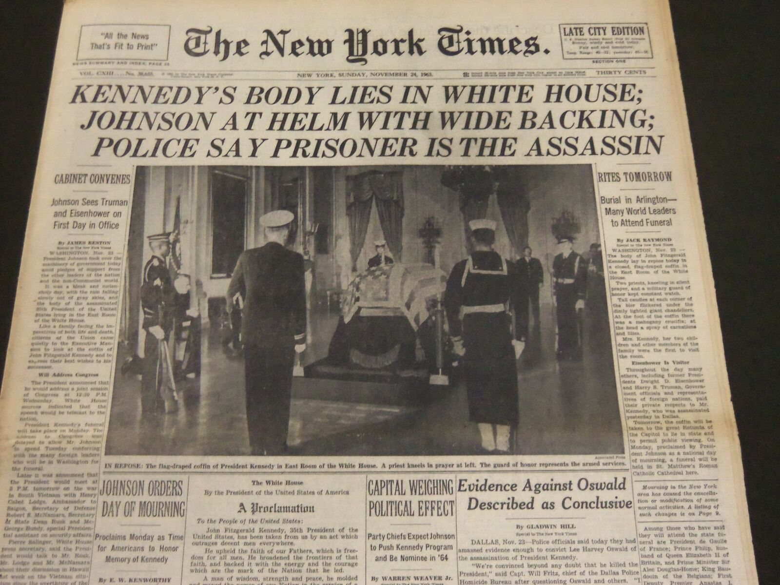 1963 NOVEMBER 24 NEW YORK TIMES - KENNEDY\'S BODY LIES IN WHITE HOUSE - NT 7172