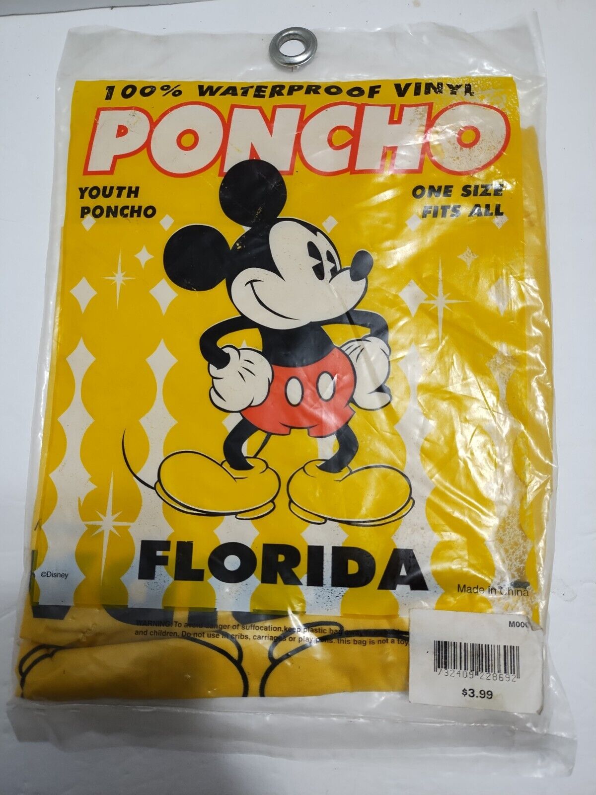 Vintage Disney Mickey Mouse Yellow Rain Poncho Youth One Size Fits All  SEALED