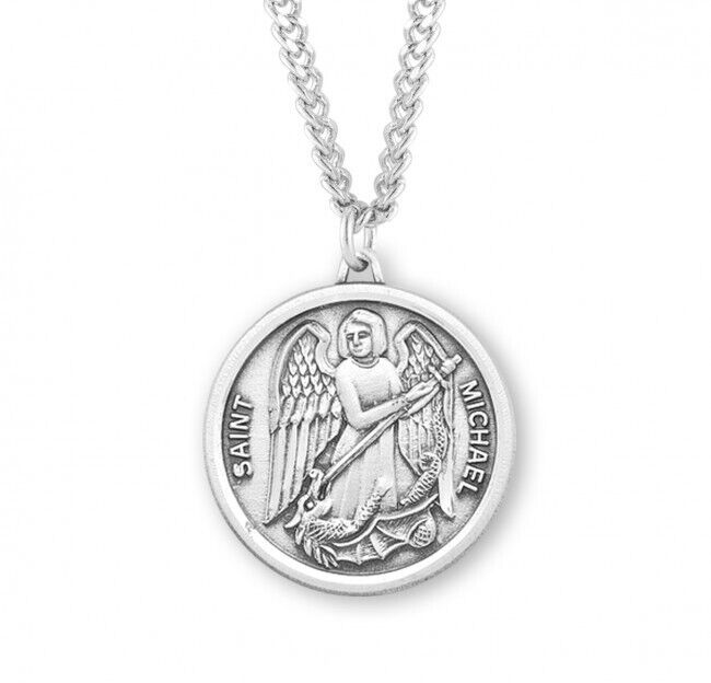 Saint Michael Ornate Design Die Struck Sterling Silver Medal Necklace 24 Inch