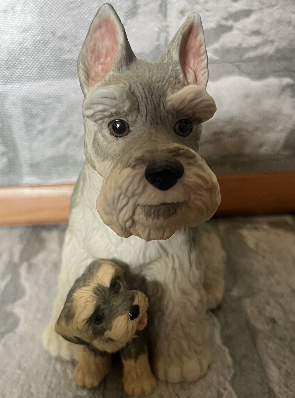 Vintage Schnauzer Dog Figurine Mom Female w Puppy Schnauzers Ceramic enesco
