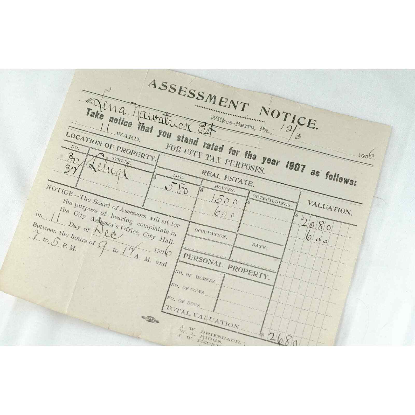 1906 Wilkes-Barre City Tax Assessment Notice For 1907, Real Estate Tax Ephemera