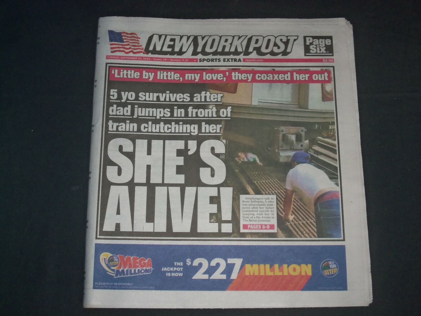 2019 SEP 24 NY POST NEWSPAPER - 5 YEAR OLD SURVIVES; DAD JUMPS IN FRONT OF TRAIN