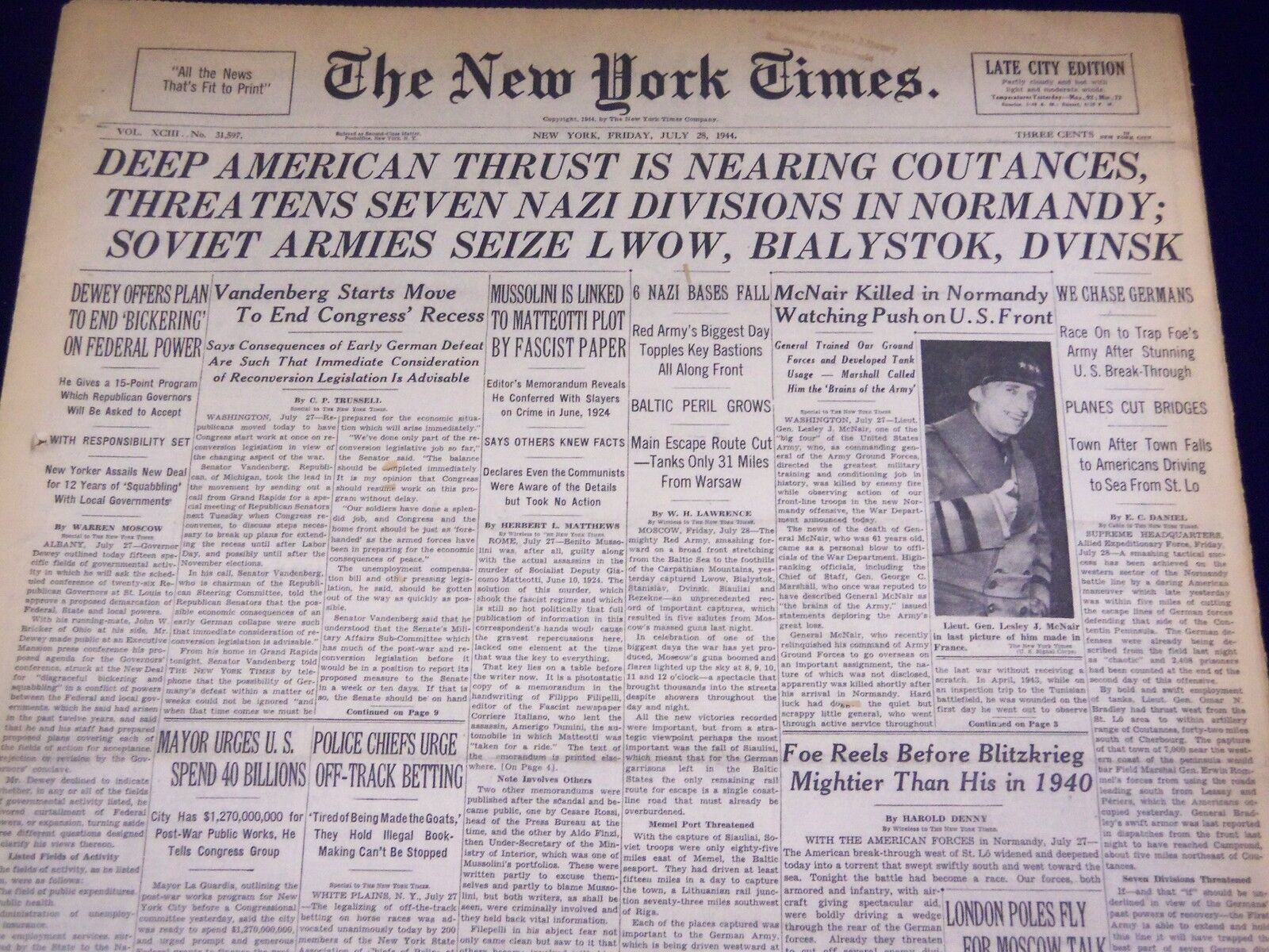 1944 JULY 28 NEW YORK TIMES - DEEP AMERICAN THRUST IS NEARING COUTANCES- NT 1715