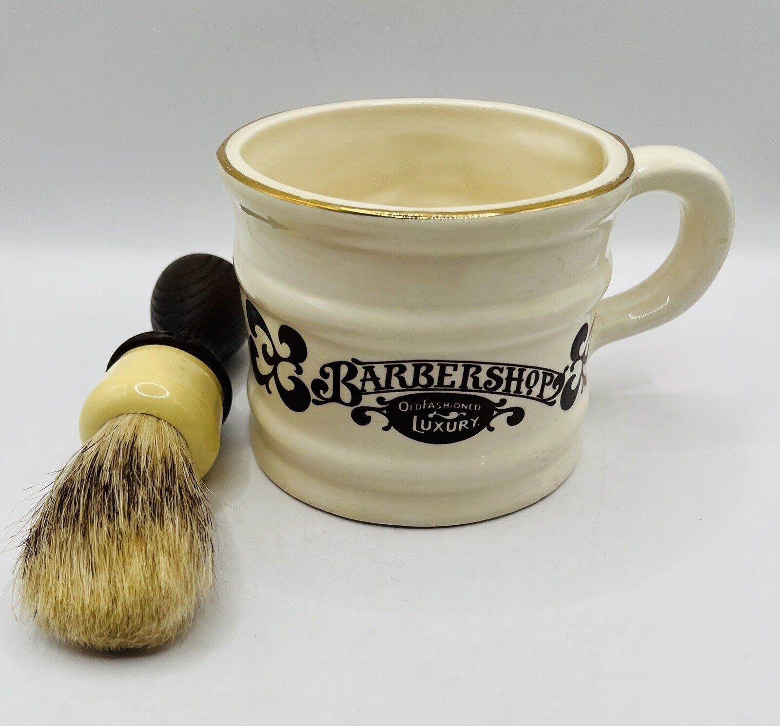 Vtg Barbershop Shaving Mug Brush Set 1976 Ceramic Mug Gold Accent Wood Handle
