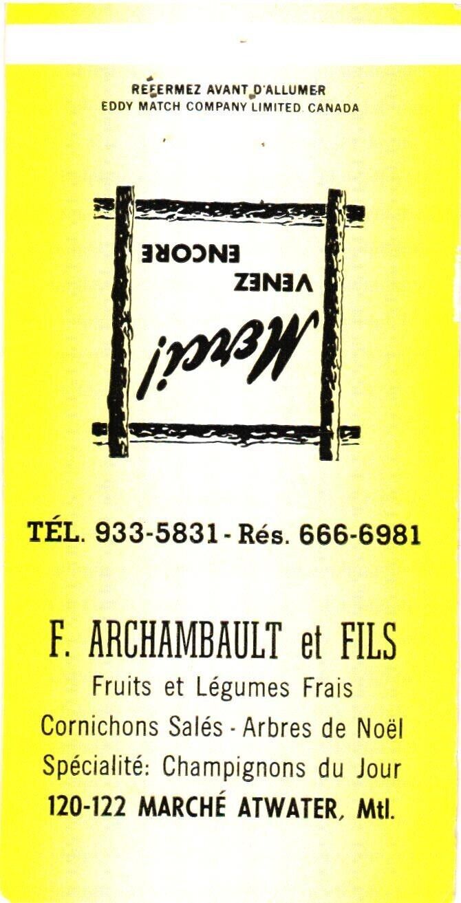 F. Archambault and Sons, Fresh Fruits and Vegetables Vintage Matchbook Cover