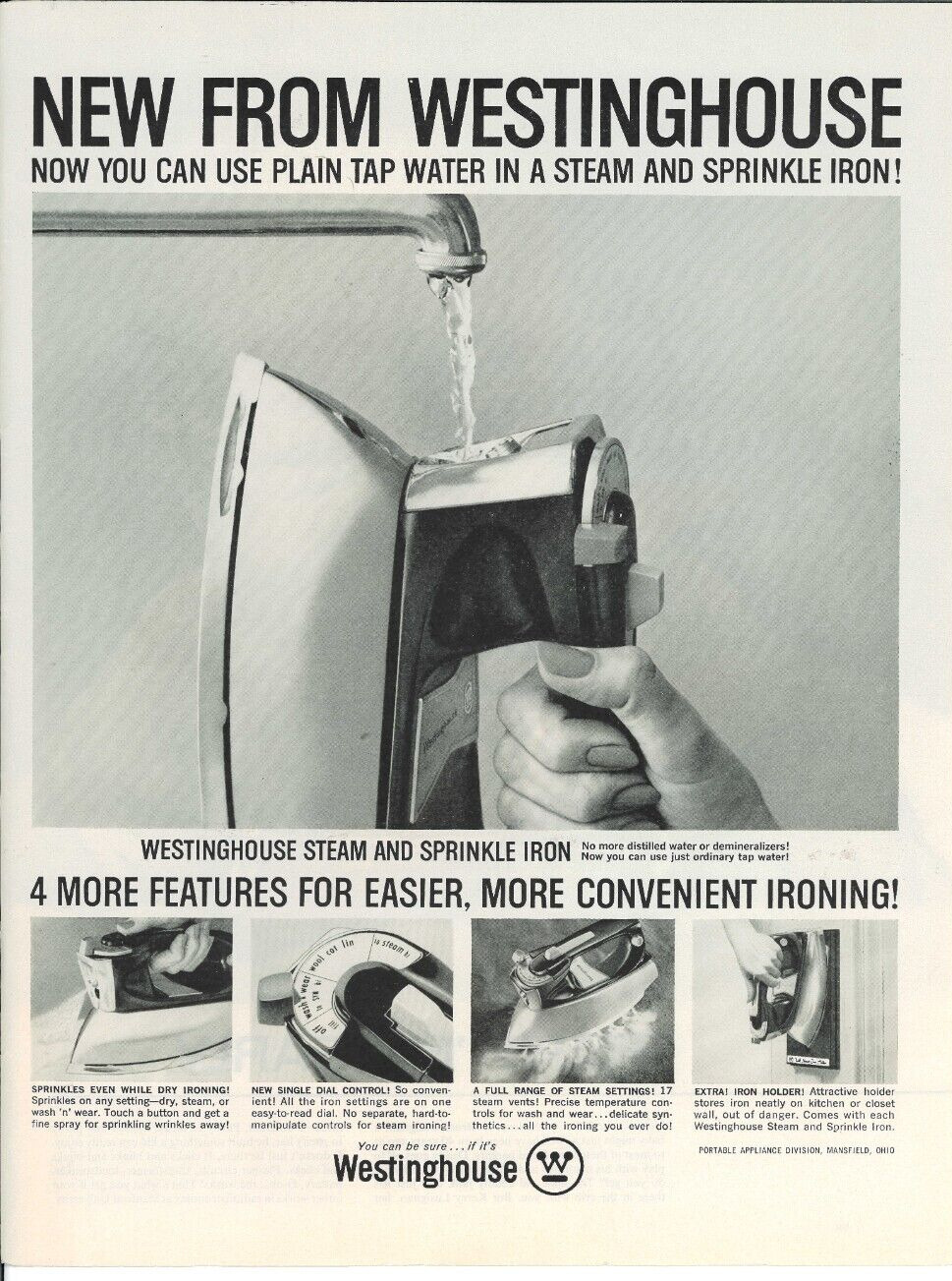 1962 WESTINGHOUSE Steam Sprinkle Iron Tap Water Appliance Vintage Print Ad