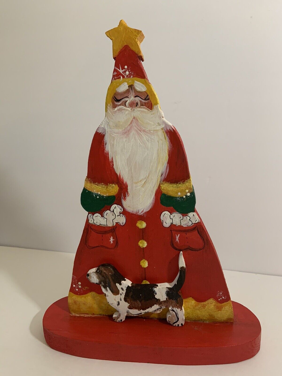 Limited Edition Wooden Hand Painted Folk Art Santa Claus With Basset Hound 11\