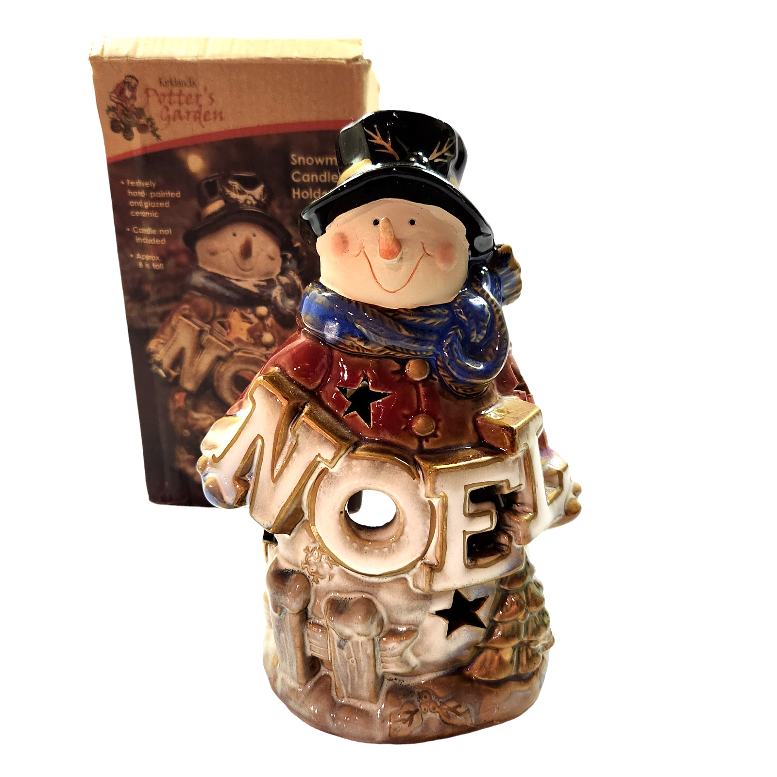 Kirklands Potters Garden Snowman Ceramic Candleholder Noel with Box