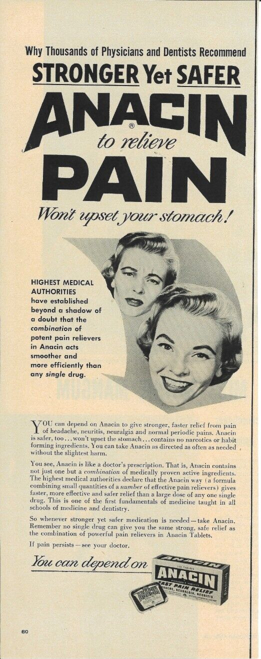 1956 ANACIN Medicine Pain Relief Medical Drug Aspirin Vintage Print Ad