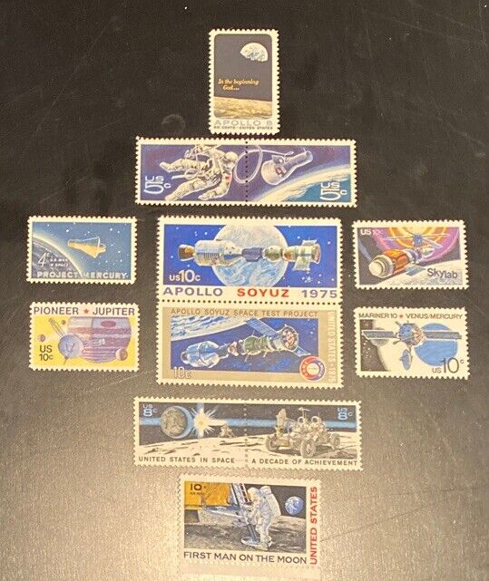 12 Old Space Stamps Apollo;Soyuz;Mercury;Mariner;Man On Moon