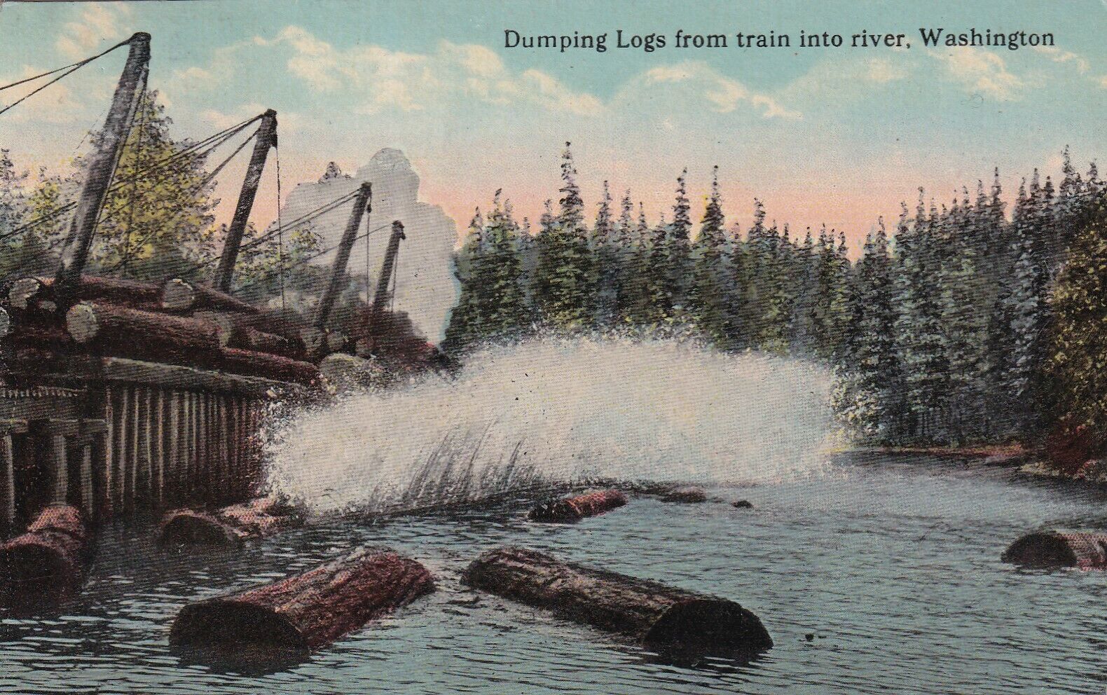 Vintage Postcard 1918 Dumping Logs from Train Into River Washington BALBOA STAMP