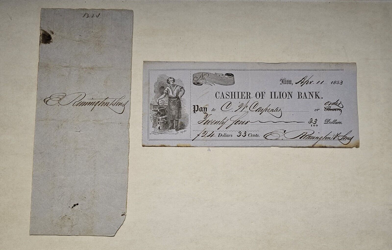 Eliphalet Remington Signed Promissory Note and Check Signed By Son
