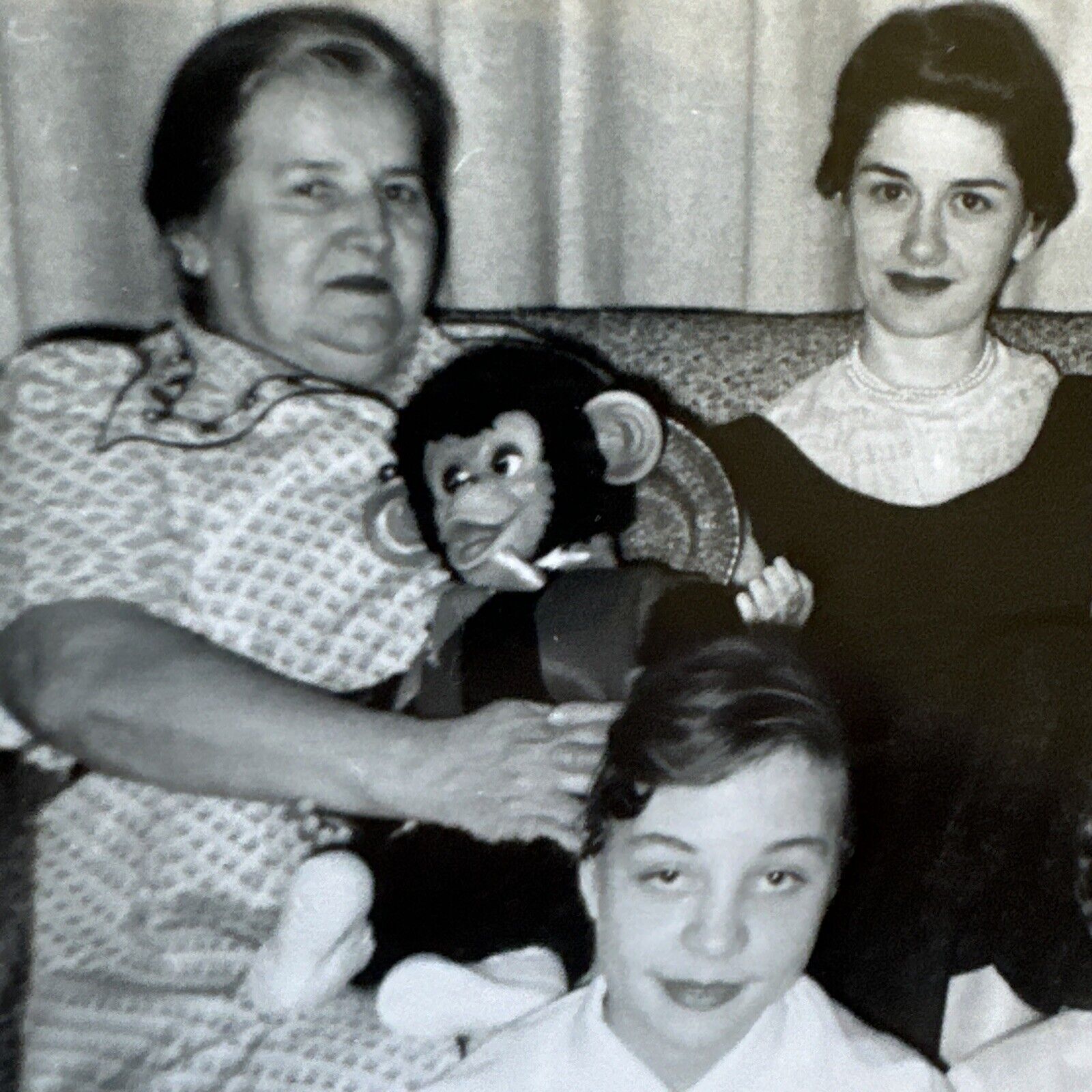 VINTAGE PHOTO 1950s birthday party scary monkey doll chimpanzee Plush Toy Weird