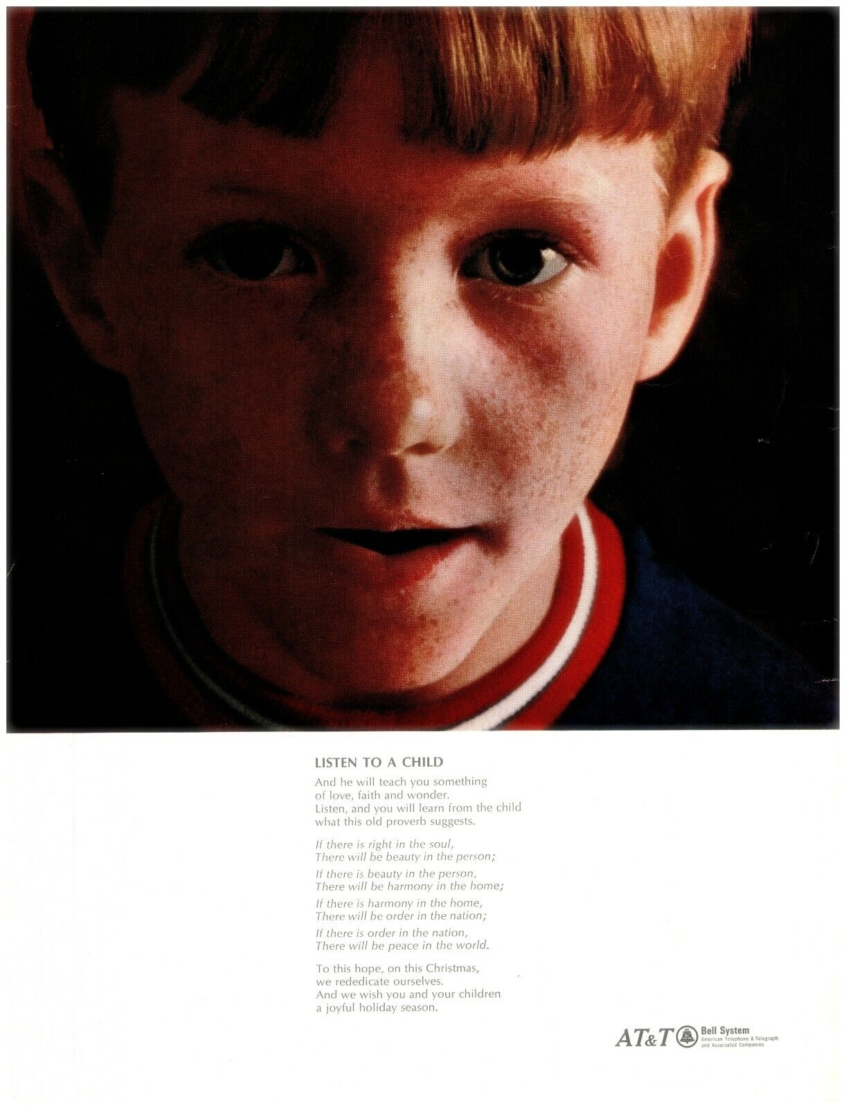 1966 AT&T Bell System Vintage Print Ad Christmas Listen To A Child Freckled Boy 