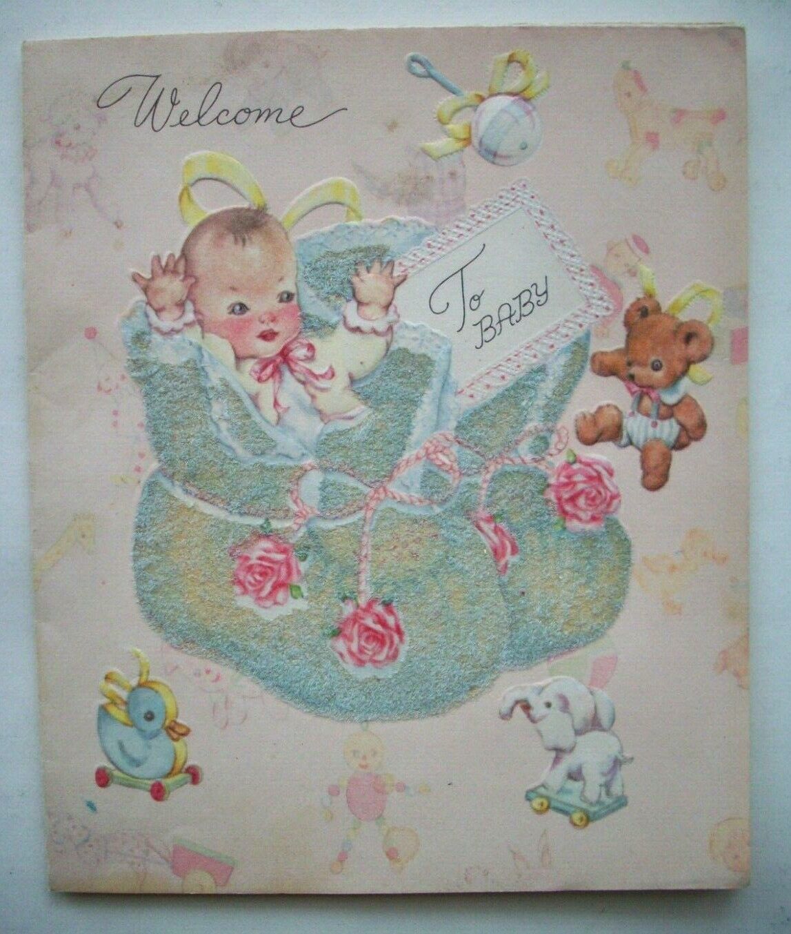 Baby in flocked booties embossed vintage Baby greeting card *H3