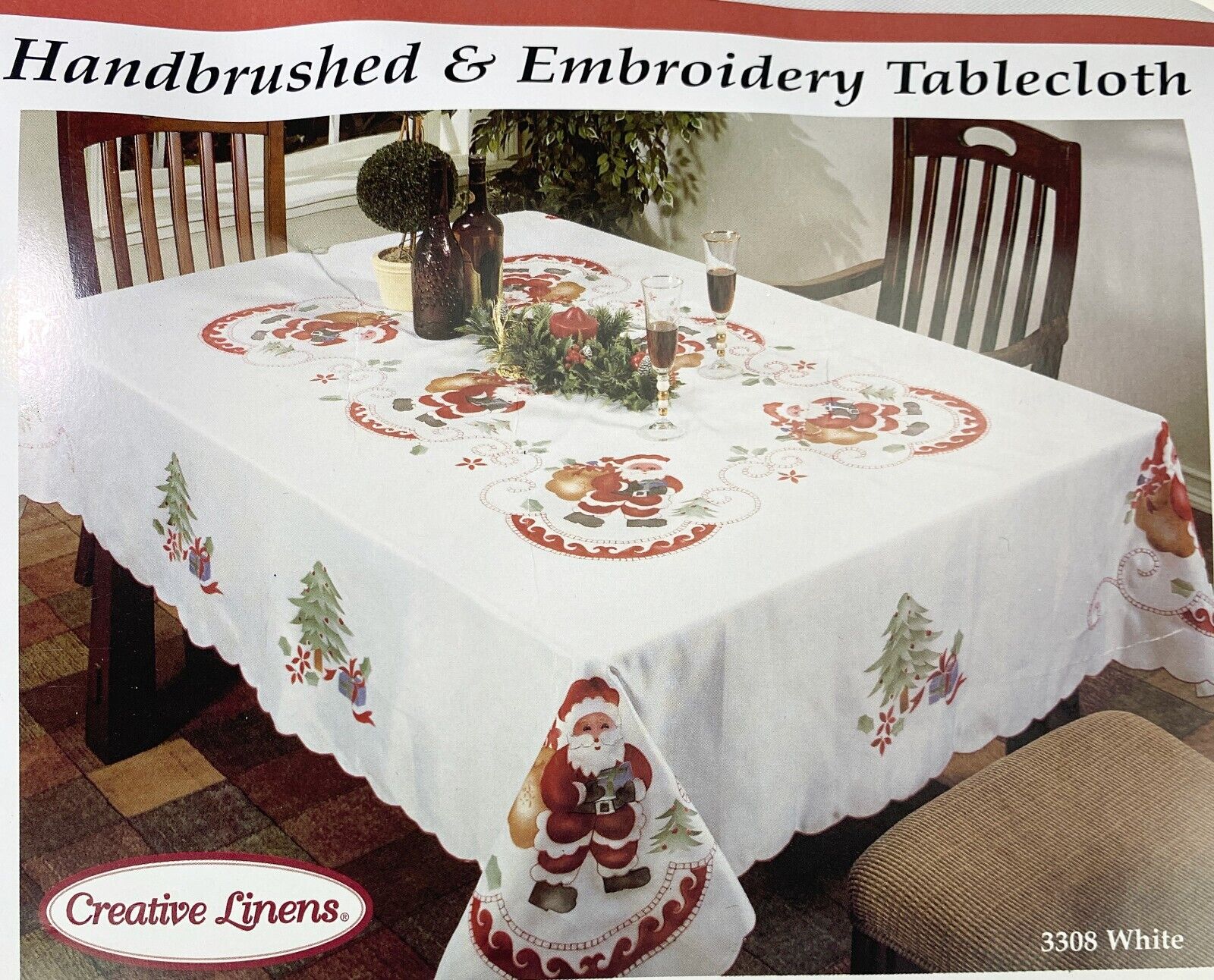 Creative Linens Hand Brushed Embroidery Tablecloth Santa Christmas Holiday