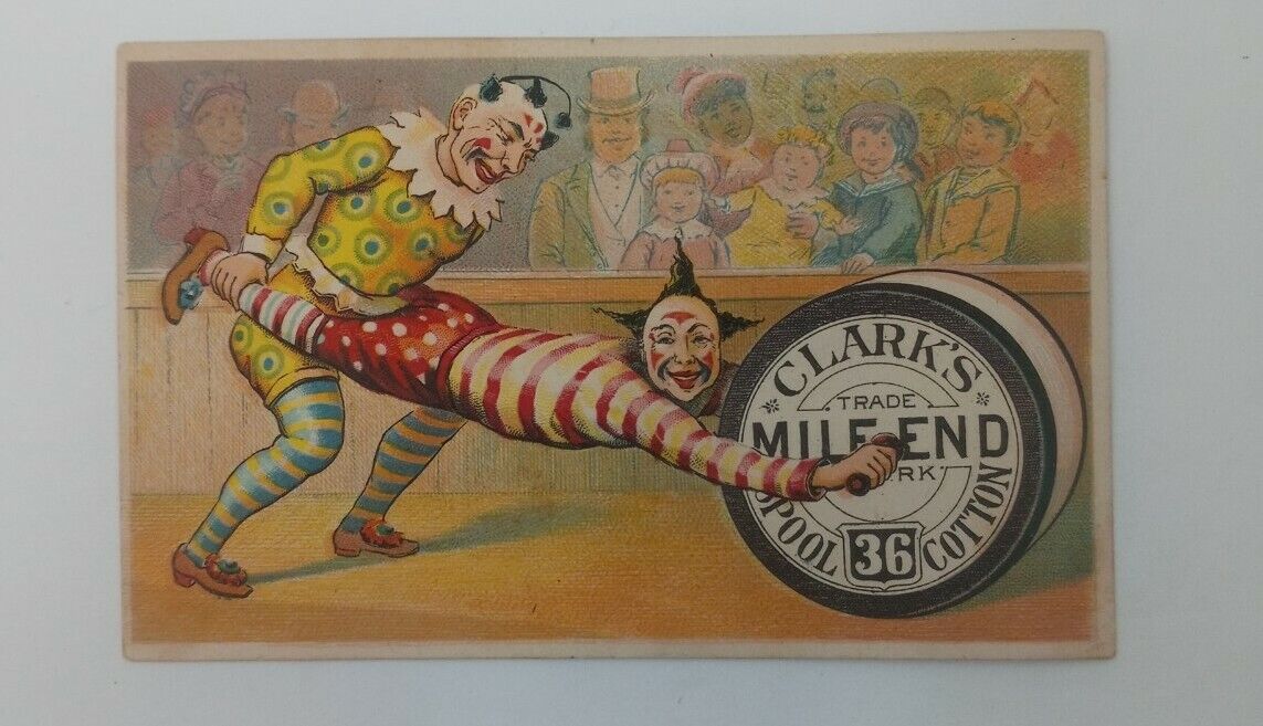 Rare Victorian Trade Card 1880s Clark\'s Mile End Spool Cotton Funny Circus Clown