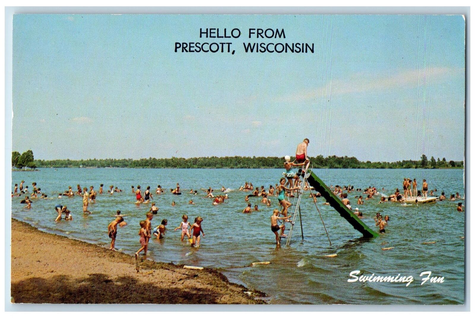 Prescott Wisconsin WI Postcard Hello From Swimming Is Fun c1960\'s Bathing Scene