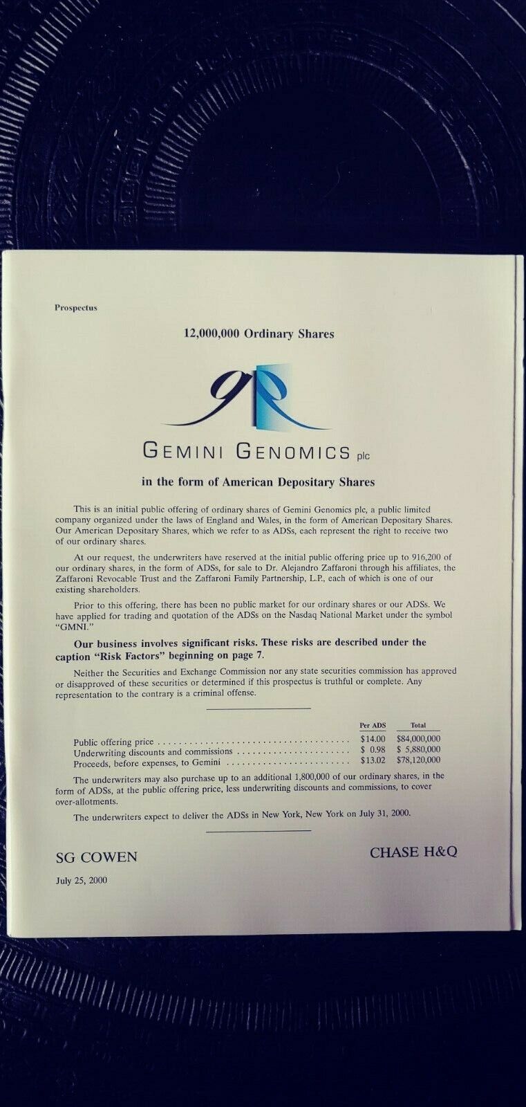 Gemini Genomics Plc IPO stock prospectus. 2000. Rare dot-com era artifact.